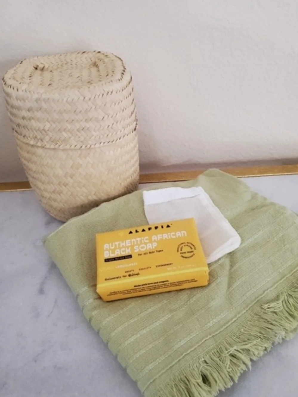Authentic African Black Soap with Soft Face Towel and Basket
